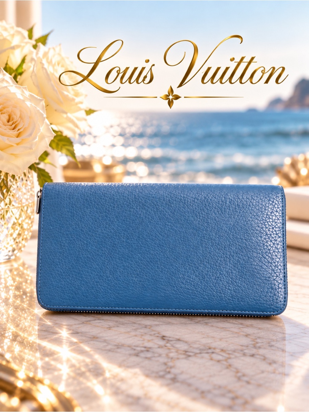 Louis Vuitton Blue Pebbled Leather Zip Around Wallet | Authentic | Rare Color
